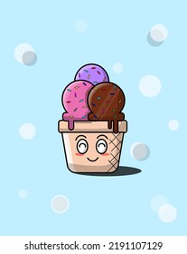 Happy Cute and smile Ice Cream Cartoon Vector Icon Illustration. Food Ice Cream Icon Concept Isolated Premium Vector. Flat Cartoon Style