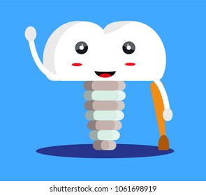 Happy cute smile sweet character clean healthy shiny brilliant plug-in implant dental invalid on crutch tooth concept. Dentist stomatology.
Modern flat vector illustration icon. 
Isolated on blue. 