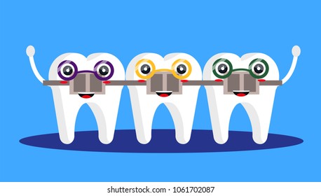 Happy cute smile sweet character clean healthy shiny brilliant dental teeth with braces twins brothers in glasses dentist stomatology concept.
Modern flat vector illustration icon. 
Isolated on blue. 