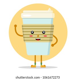 Happy cute smile sweet charcter paper cup coffee to go take away. Modern flat style vector illustration icons. Isolated on white background. Close up take-out fresh coffee cup logo with brown bean.