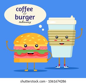 Happy cute smile sweet charcter paper cup coffee to go take away. Burger, cheeseburger. Fast food set concep t with handles and legs Modern flat  vector illustration icon. Isolated on white background