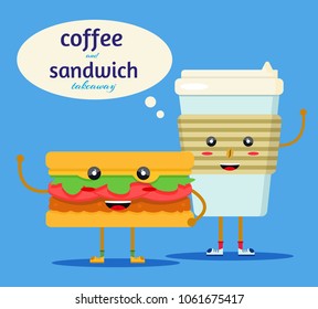Happy cute smile sweet charcter paper cup coffee to go take away. Sandwich, burger. Fast food set concept with handles and legs. Modern flat  vector illustration icon. Isolated on white background