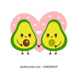 Happy cute smiling avocado couple in love. Vector flat cartoon character illustration icon.Isolated on white background. Cute avocado character, love card concept