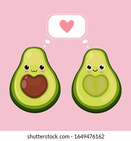 Happy cute smiling avocado couple in love. Vector flat cartoon character illustration icon.Isolated on pink background. Cute avocado character, love card concept