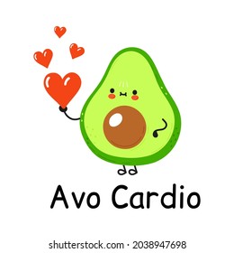 Fröhlich süß lächelnder Avocado mit Herz. Flaches Cartoon-ZeichentricksymbolEinzeln auf weißem Hintergrund. Cute avocado Charakter, Avo Cardio Concept Card