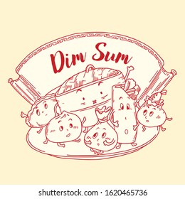 Happy cute smiling Bun. Vector flat cartoon character design, The illustration of asian foods Dim Sum. included Spring roll, Bun, Steamer and Dumplings.