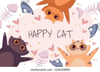 Happy cute smiling cats characters background banner poster cover illustration composition