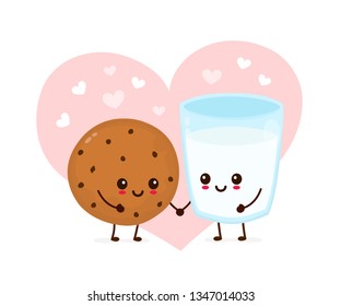 Happy Cute Smiling Chooclate Chip Cookie And Milk Glass In Love. Vector Flat Cartoon Character Illustration Icon.Isolated On White Background. Cute Chooclate Chip Cookie,milk Glass Character Concept