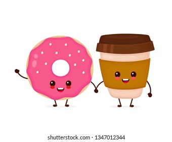 Happy cute smiling donut and coffee paper cup. Vector flat cartoon character illustration icon.Isolated on white background. Cute donut and coffee character concept
