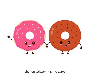 Happy cute smiling donuts. Vector flat cartoon character illustration icon.Isolated on white background. Two cute donut character concept
