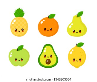 Happy cute smiling fruit face set. Vector flat kawaii cartoon character illustration icon collection. Cute pineapple,orange,lemon,pear,apple,avocado character emoji set concept