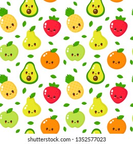 Happy cute smiling fruit face seamless pattern. Vector flat cartoon character illustration icon.Isolated on white background. Cute pineapple,lemon,pear,apple,avocado character set concept