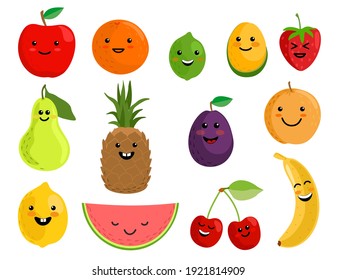 Happy cute smiling fruit face set. Vector flat kawaii cartoon character illustration icon collection. Kawaii emoji fruit. Apple, lemon, banana, orange, pear, pineapple, cherries, strawberry.