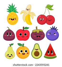 Feliz juego de la cara de la fruta linda y sonriente. colección de iconos de ilustraciones de personajes de dibujos animados kawaii planos vectores