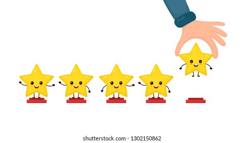Happy cute smiling funny 5 stars and hand. Vector flat cartoon character illustration icon design.Isolated on white background. Cute kawaii character, five stars customer product rating review concept