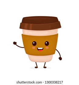 Happy cute smiling funny coffee paper cup. Vector flat cartoon character illustration icon design.Isolated on white background. Cute kawaii paper cup character,cafe,coffee to go concept