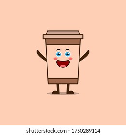 Happy cute smiling funny cup of coffee. Vector cartoon character illustration