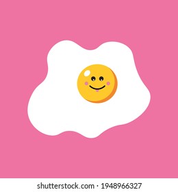 Happy cute smiling funny fried egg on pink background. Good morning. Egg breakfast. Scrambled egg. Fried egg character concept in cartoon style. Vector illustration