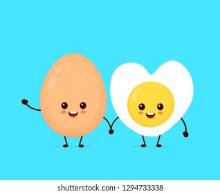 Happy cute smiling funny kawaii fried egg. Vector flat cartoon character illustration icon.Isolated on white background. Cute kawaii fried heart form egg character concept
