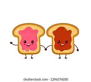 Happy cute smiling funny kawaii toasts with jam and peanut butter.Vector flat cartoon character illustration icon.Cute kawaii toast,good morning card,breakfast concept 