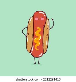 Happy cute smiling funny kawaii hotdog vector flat cartoon character illustration mascot.