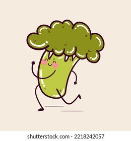 Happy cute smiling funny kawaii broccoli. Running broccoli mascot character.