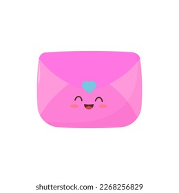 Happy cute smiling funny kawaii pink envelope. Isolated on a light background. Vector illustration in flat cartoon style.