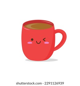 Happy cute smiling funny kawaii cup of coffee. Red kawaii cup emoji. Isolated on a light background. Vector illustration in flat cartoon style.