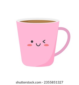Happy cute smiling funny kawaii cup of coffee. Pink kawaii cup emoji. Isolated on a white background. Vector illustration in flat cartoon style.