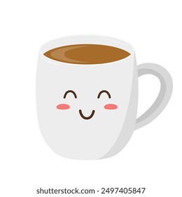 Happy cute smiling funny kawaii cup of coffee. White kawaii cup emoji. Isolated on a white background. Vector illustration in flat cartoon style.