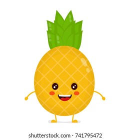 Happy cute smiling funny pineapple. Vector flat cartoon character illustration icon design.Isolated on white background. pineapple fruit concept