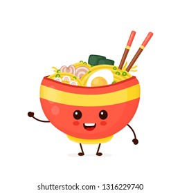 Happy cute smiling funny ramen bowl. Vector flat cartoon character illustration icon design.Isolated on white background. Cute kawaii ramen bowl character.Asian,japanese,korean,chinese food concept