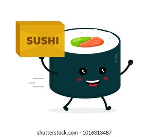 Happy cute smiling funny sushi roll with  parcel. Sushi,asia food delivery concept. Vector flat cartoon character icon design, Isolated on white background