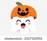 Happy cute smiling ghost  wear Halloween pumpkin helmet isolated on png or transparent background,Halloween party banner, blank space for text, element template for poster, brochures. vector