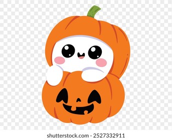 Happy cute smiling ghost  wear Halloween pumpkin helmet isolated on png or transparent background,Halloween party banner, blank space for text, element template for poster, brochures. vector