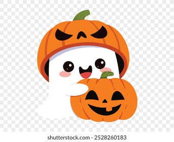 Feliz lindo sorriso fantasma usar capacete de abóbora abraço abóbora Halloween isolado no png ou fundo transparente, banner festa de Halloween, espaço em branco para texto, modelo de elemento para cartaz, brochuras. vect