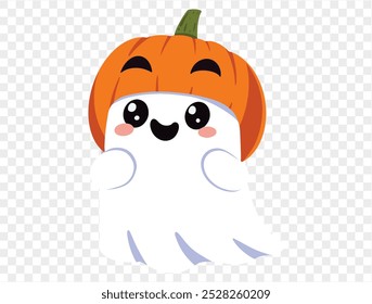 Happy cute smiling ghost  wear Halloween pumpkin helmet isolated on png or transparent background,Halloween party banner, blank space for text, element template for poster, brochures. vector