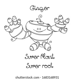 alegre y linda raíz de jengibre sonriente, especias culinarias para cocinar, personaje gracioso, monstruo cómico, ilustración vectorial con líneas de contorno negro aisladas en fondo blanco en caricatura y estilo dibujado a mano