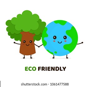 Happy cute smiling green tree and Earth planet.Ecology, eco friendly concept. Vector flat cartoon character illustration icon design. Isolated on white background. Ecology card,poster