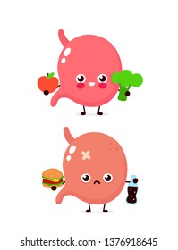 Happy cute smiling healthy with broccoli and apple and sad sick stomach with bottle of soda and burger. Vector modern style cartoon character illustration icon design. Healthy food,stomach concept