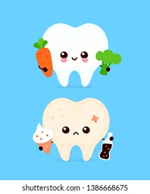 Happy cute smiling healthy with broccoli and carrot and sad sick teeth with bottle of soda and ice cream. Vector modern style cartoon character illustration icon design. Healthy food,teeth concept