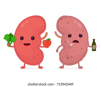 Happy cute smiling healthy with broccoli and apple and sad sick kidney with 
a bottle of alcohol and a cigarette. Vector modern style cartoon character illustration icon design. kidneys concept. 