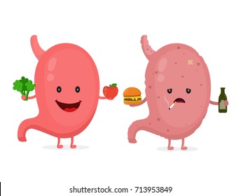 Happy Cute Smiling Healthy With Broccoli And Apple And Sad Sick Stomach With 
A Bottle Of Alcohol And A Cigarette. Vector Modern Style Cartoon Character Illustration Icon Design. Stomach Concept. 