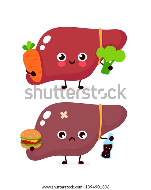 Happy cute smiling healthy with broccoli and\
carrot and sad sick liver with bottle of soda and burger. Vector\
modern style cartoon character illustration icon design. Healthy\
food,liver concept