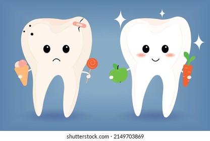 Happy cute smiling healthy and sad sick teeth. Vector modern style cartoon character illustration icon design. Healthy and junk food, teeth concept