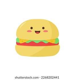 Happy cute smiling kawaii Burger Set, Classic, Hamburger. Isolated on a white background. Vector illustration in flat cartoon style.