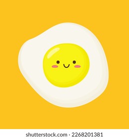 Happy cute smiling kawaii fried egg. Funny kawaii egg yolk. Fried egg character in kawaii style. Isolated on a yellow background. Vector illustration in flat cartoon style.