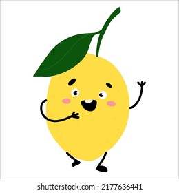 Feliz lindo limón sonriente. Ilustración del personaje de dibujos animados planos vectores sobre fondo blanco. Concepto de personaje huerto de tomate fresco