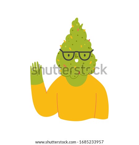 Happy cute smiling men with weed bud head waving hand. Cartoon character illustration icon design. Concept of smoking cannabis and legality of marijuana.