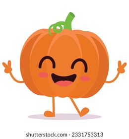 Happy cute smiling pumpkin Cute vegetable vector character isolated on white